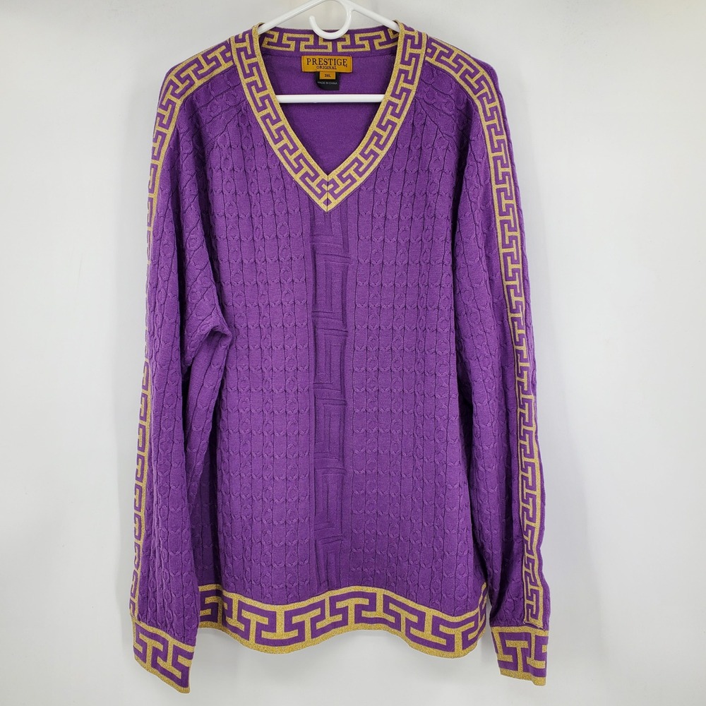 Prestige Original Men Purple Gold Greek Key Cable Knit V-Neck Sweater 3XL SW-365